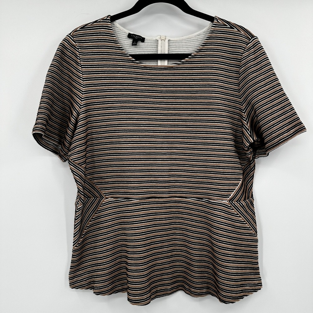 Talbots Plus‎ Size X Striped Peplum Knit Top Black Tan White Short Sleeve Zipper
